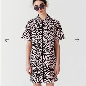 Lazy Oaf baby pink leopard print boxy shirt dress with zipper